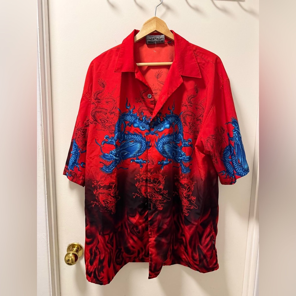 Vintage Red & Blue Dragon Button-Up Shirt